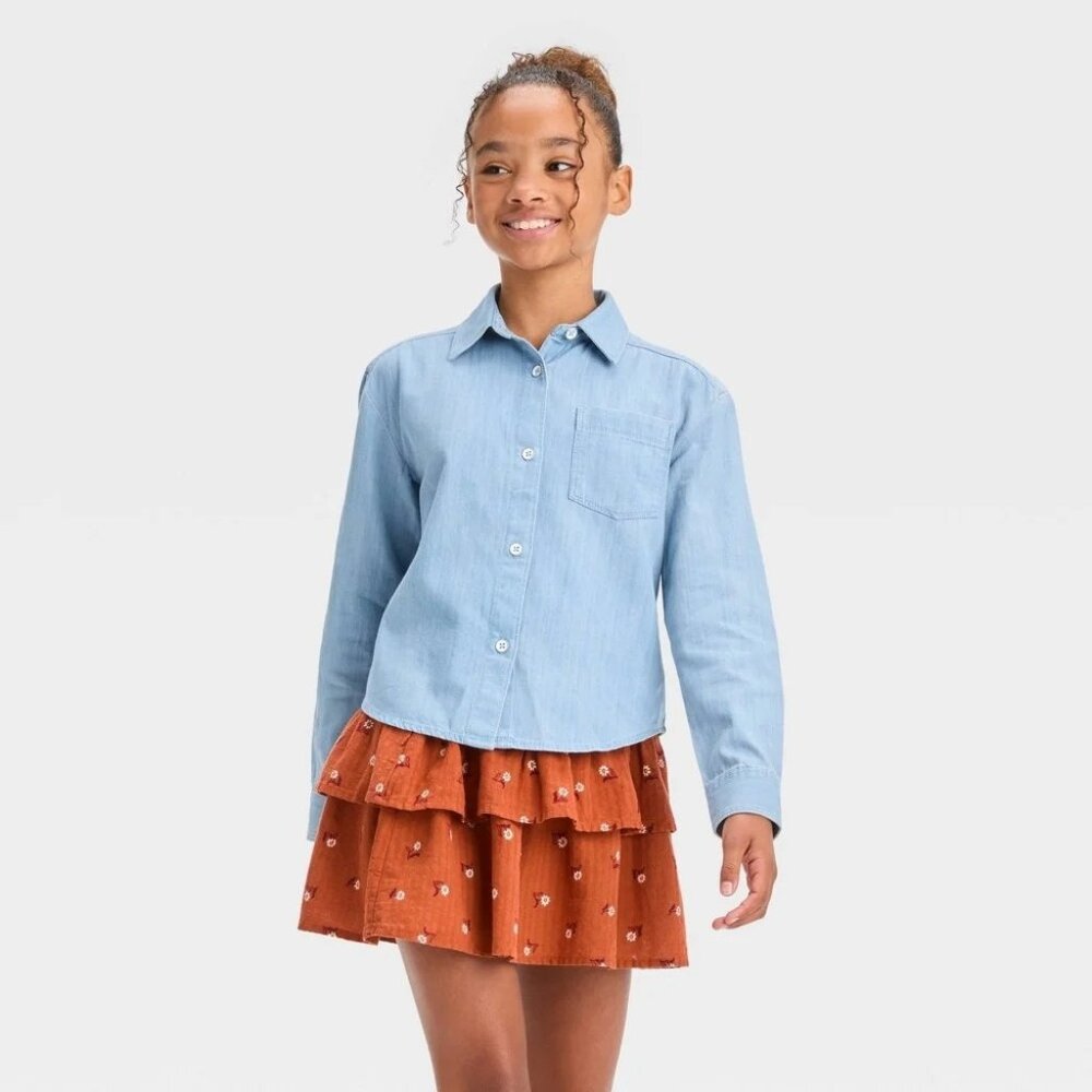 Cat & Jack Girls Denim Blue Button-Up Shirt Size LG 10-12